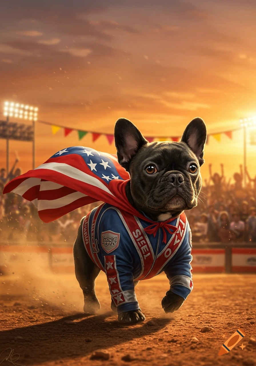 A photorealistic black French bulldog wearing an Evel Knievel-inspired superhero costume with an American flag cape stands in a stadium at sunset.