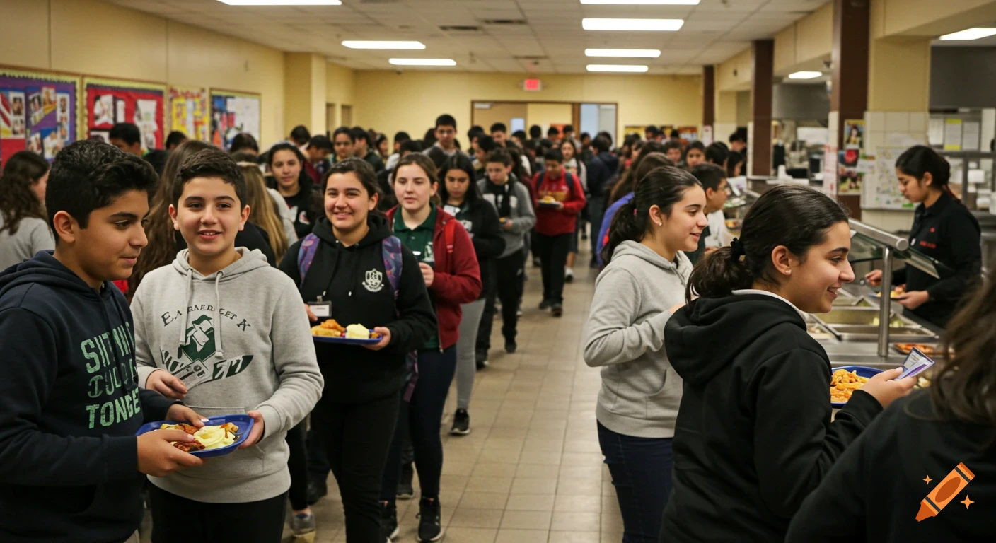 Students with trays of food wait in a long lunch line in a busy school cafeteria.