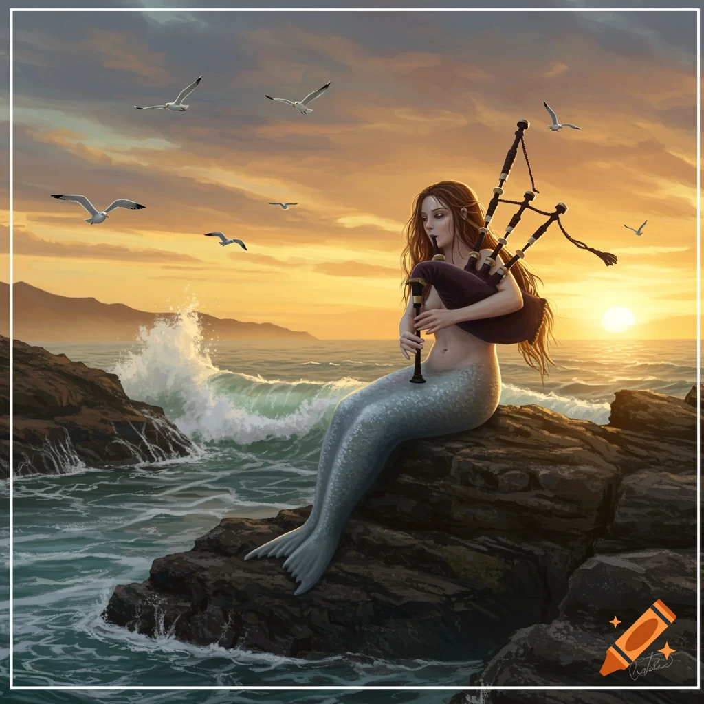 A mermaid with red hair plays bagpipes on rocky coast at sunset, with seagulls flying above the ocean.