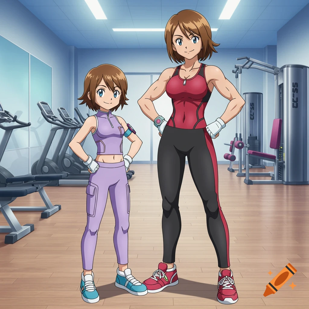 An anime mother and daughter, dressed in workout clothes, stand in a gym.