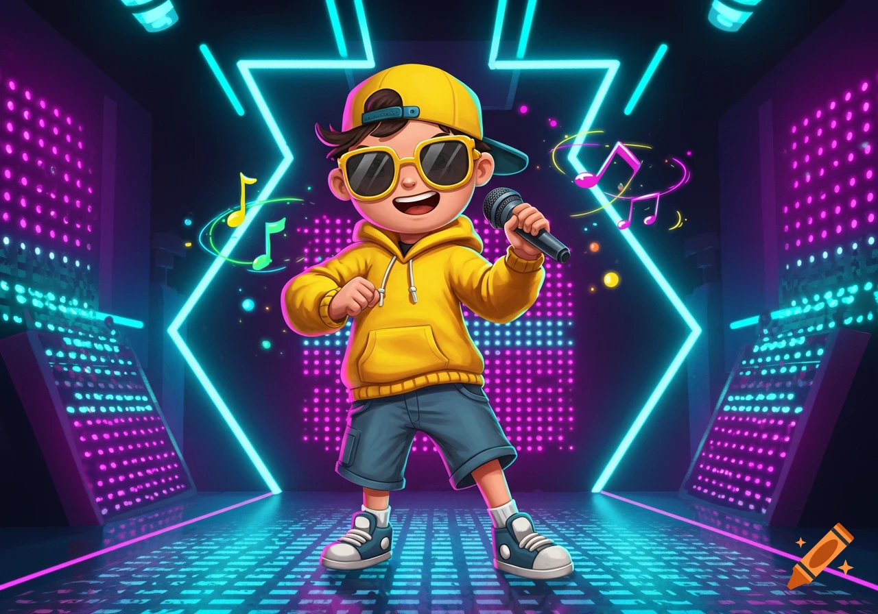 A cool cartoon kid in a yellow hoodie and sunglasses sings into a microphone on a neon-lit stage with musical notes.
