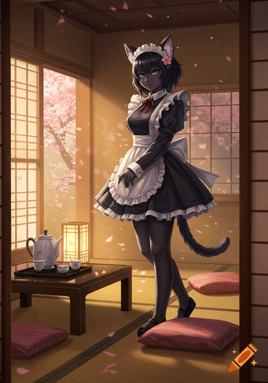 An anime-style black cat girl maid stands in a traditional Japanese room with cherry blossoms visible outside.