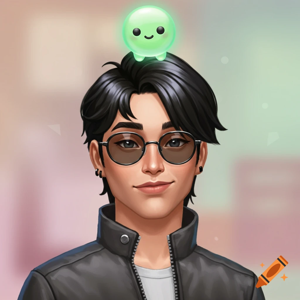A stylized profile picture of a character with dark hair, glasses, and a glowing green plumbob above their head.