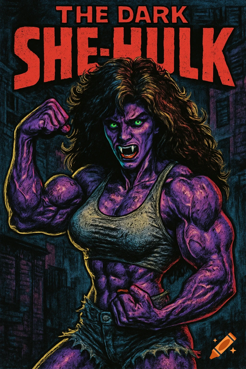 A female bodybuilder with purple skin, large muscles, fangs, and glowing green eyes flexes on a dark comic book cover titled 'THE DARK SHE-HULK'.