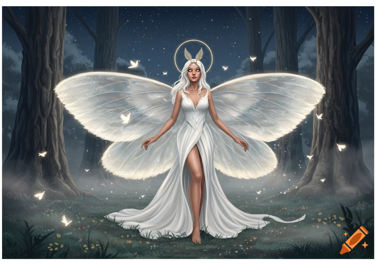 A humanoid white moth woman with large luminous wings and a white dress stands in a mystical forest at night, surrounded by glowing white insects.
