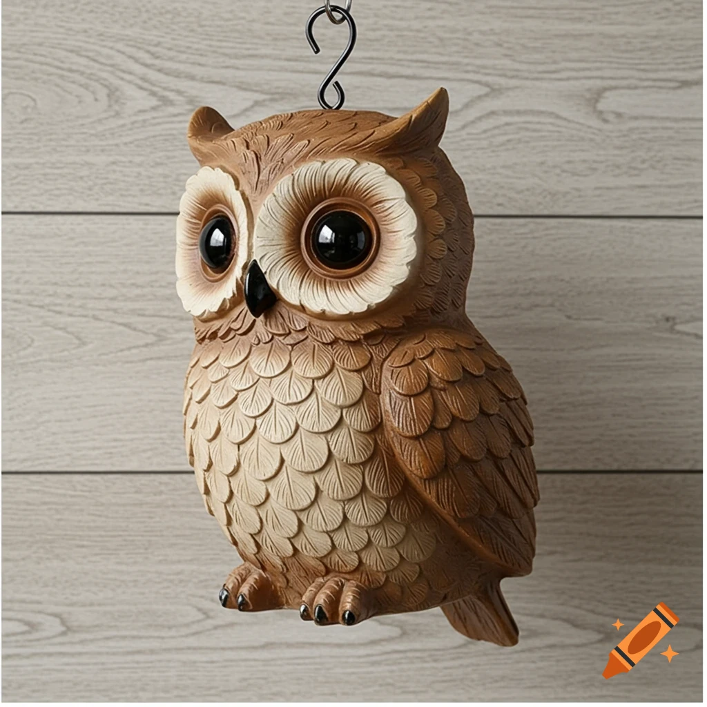 A brown owl figurine with large dark eyes hangs against a light wooden background.