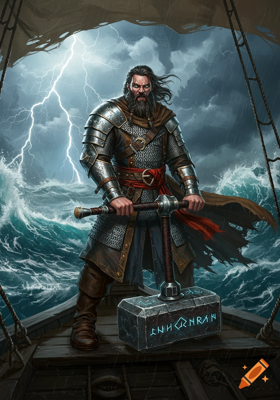 A powerful bearded warrior in chainmail armor with a hammer stands on a ship in a stormy sea with lightning.