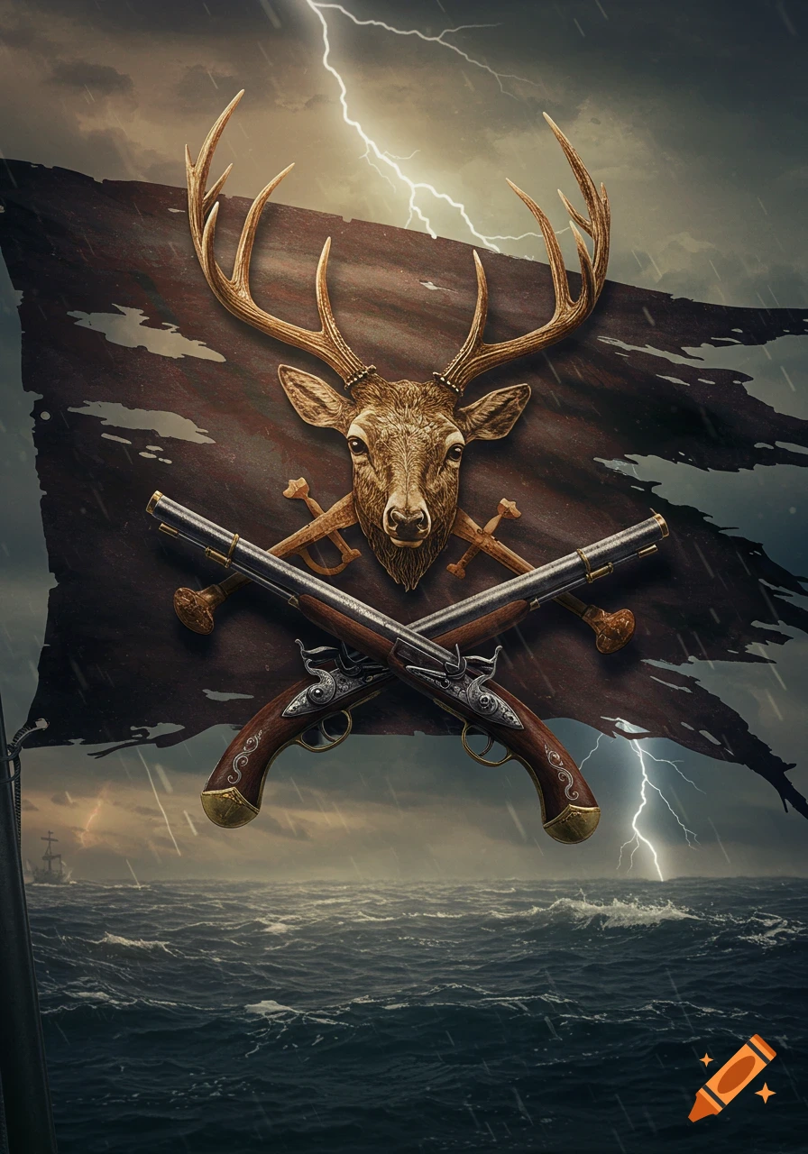 A stylized emblem featuring a deer head and crossed flintlock pistols on a tattered pirate flag, set against a stormy sea with lightning.