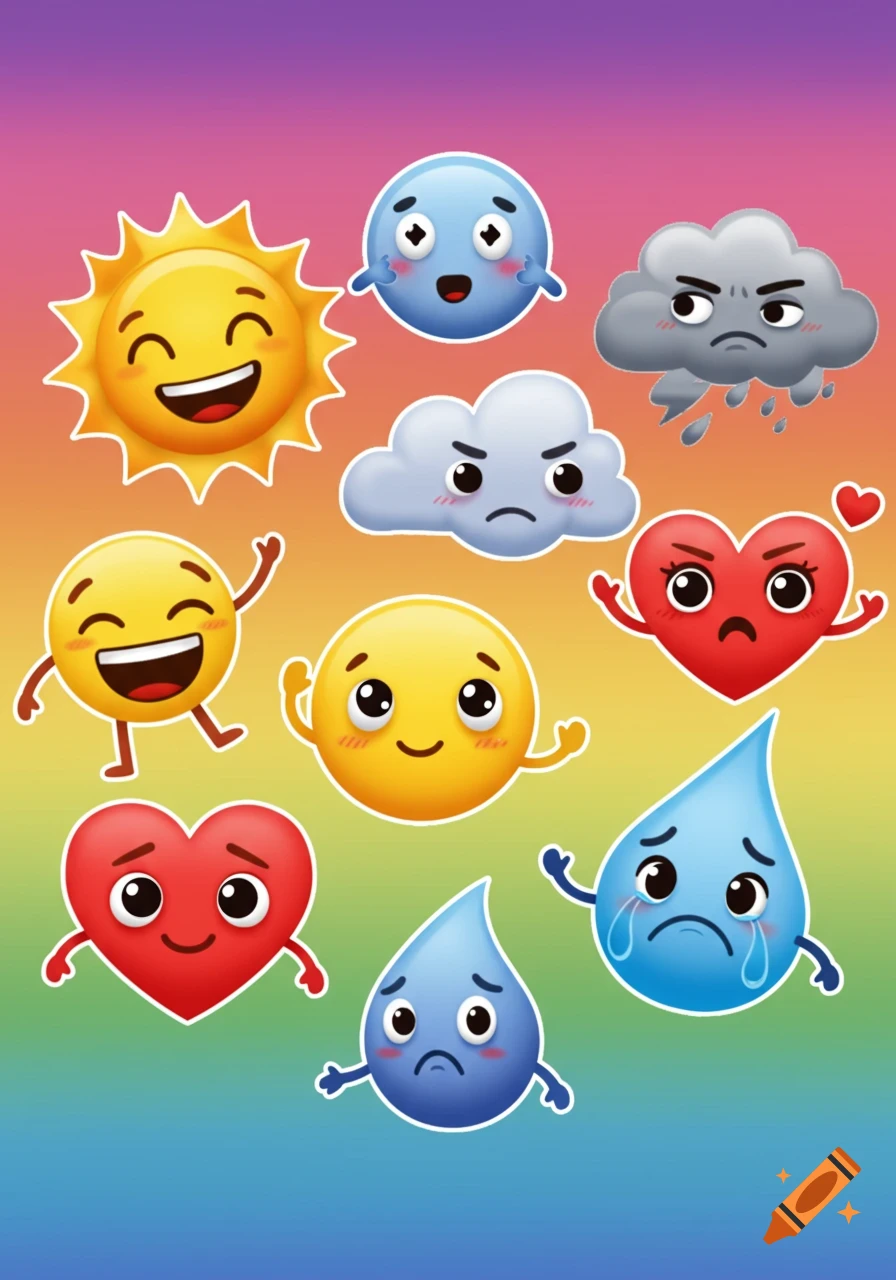 A collection of colorful cartoon emojis including happy sun, angry clouds, sad hearts, and crying water droplets on a rainbow gradient background.