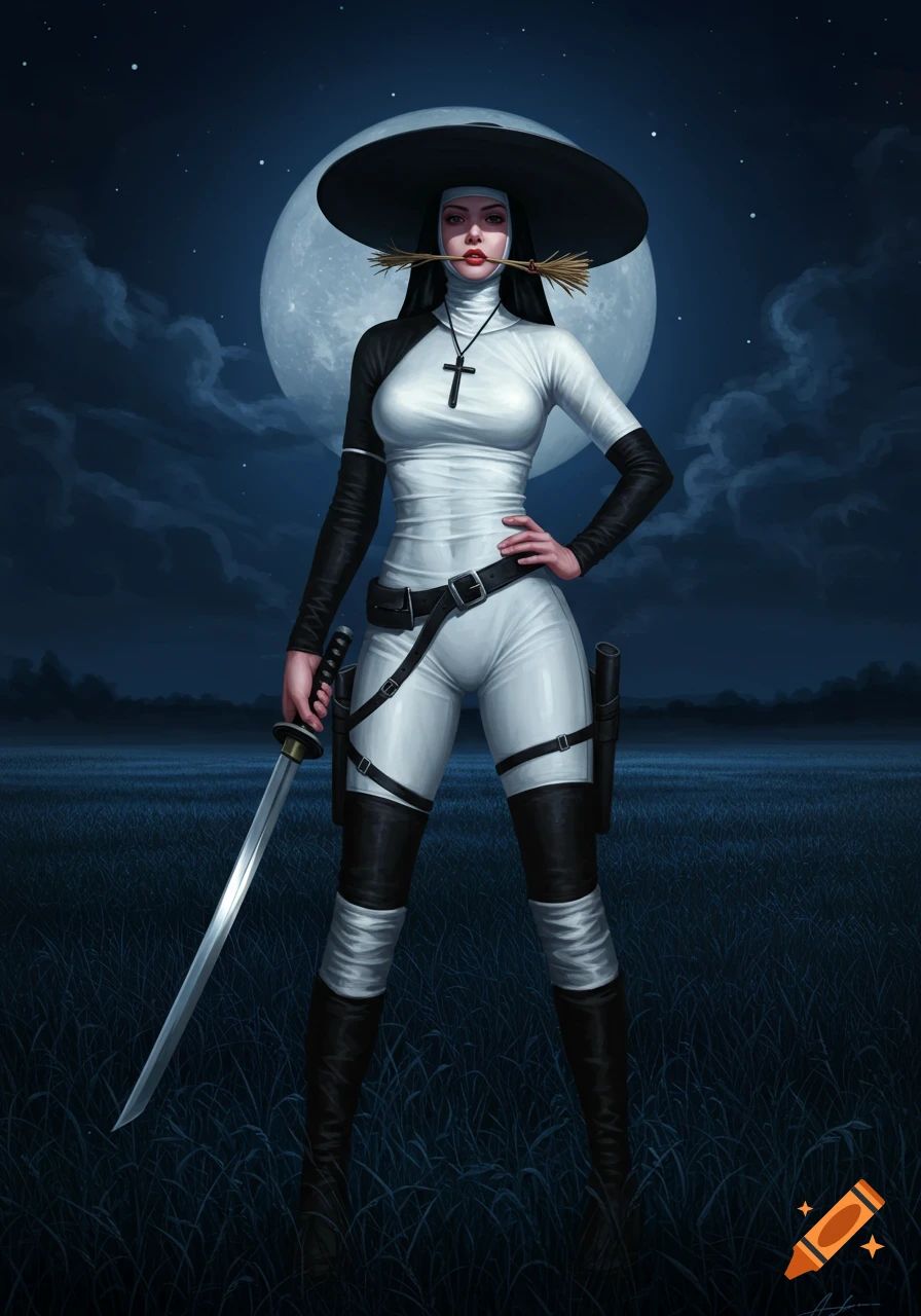 A dramatic oil painting of a woman in a tight nun/western outfit, holding a katana, standing in a field under a full moon.