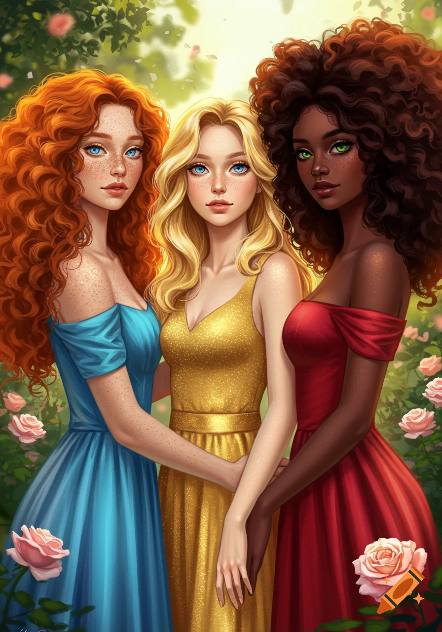 Three women with long curly hair in blue, gold, and red dresses holding hands in a garden.