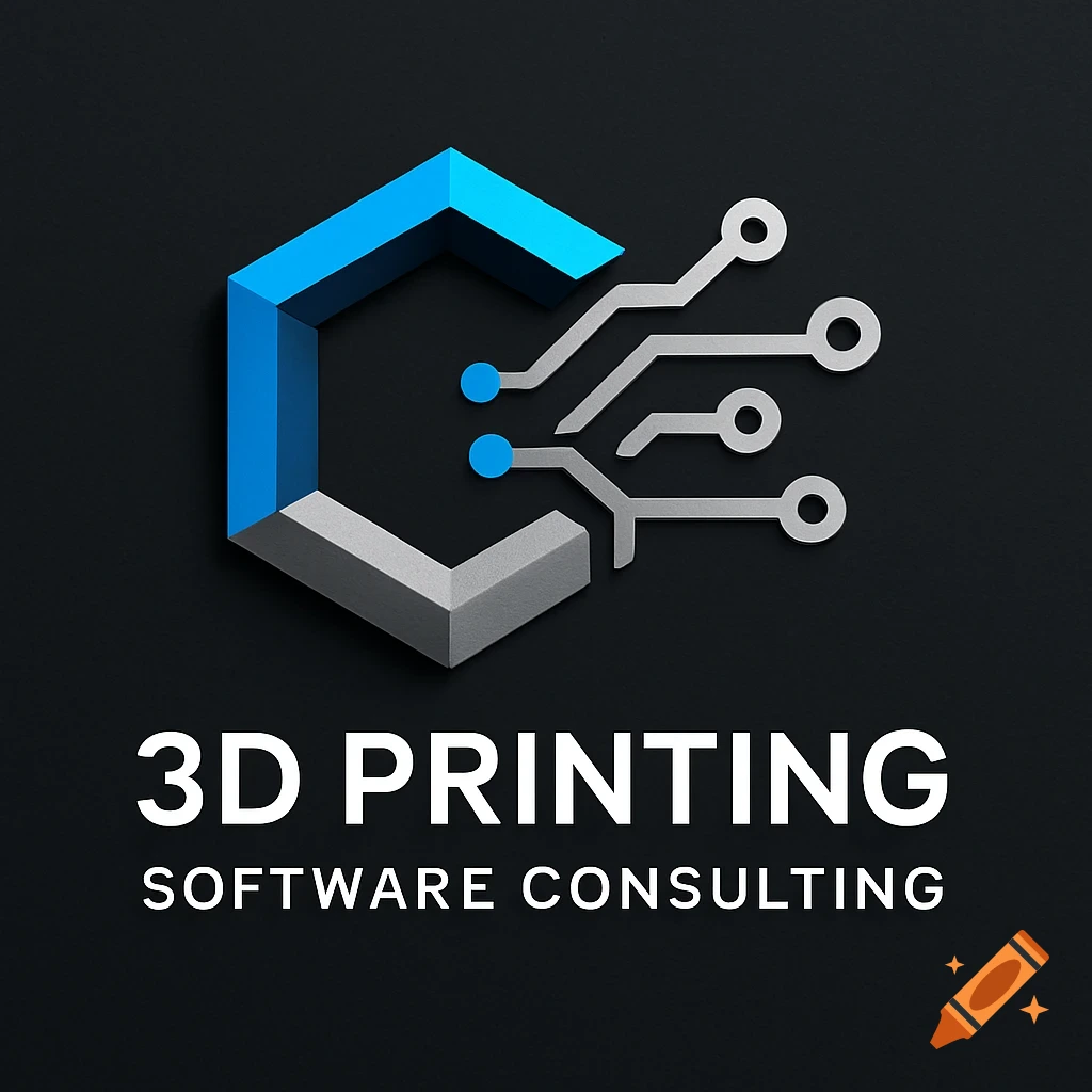 A logo for 3D Printing Software Consulting, featuring a blue and gray geometric C-shaped icon combined with circuit board elements.