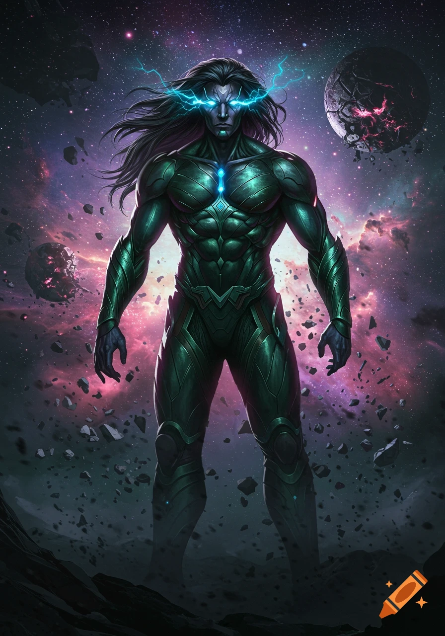 A powerful, green-armored cosmic being with glowing blue eyes and lightning, stands among shattered planets in deep space.