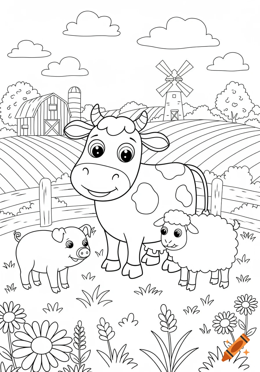 Black and white line art coloring page of a friendly cow, pig, and sheep on a farm with a barn and windmill.