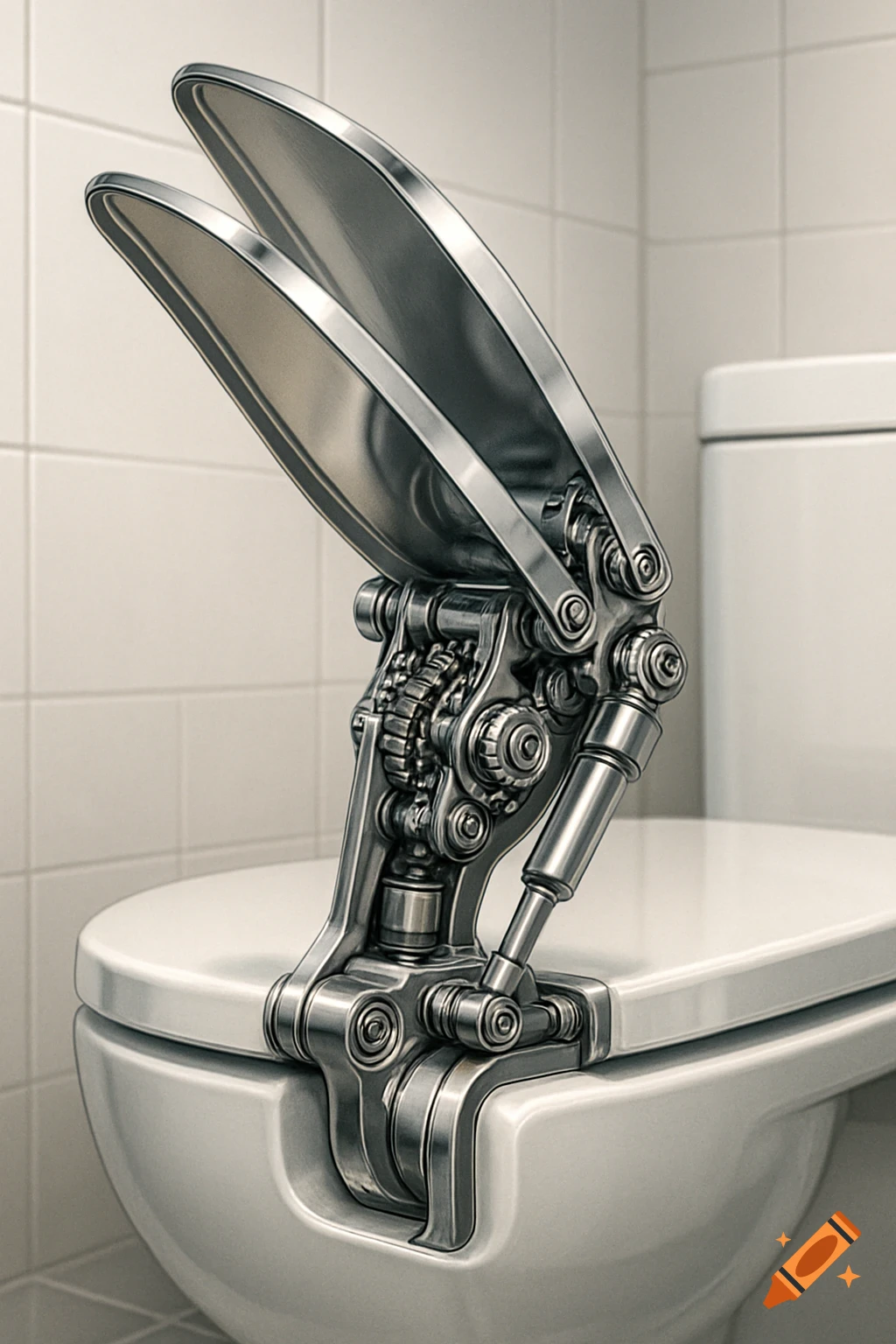 A close-up of a toilet with an intricate, shiny metallic double-flap mechanism where the seat would be, against a tiled bathroom wall.