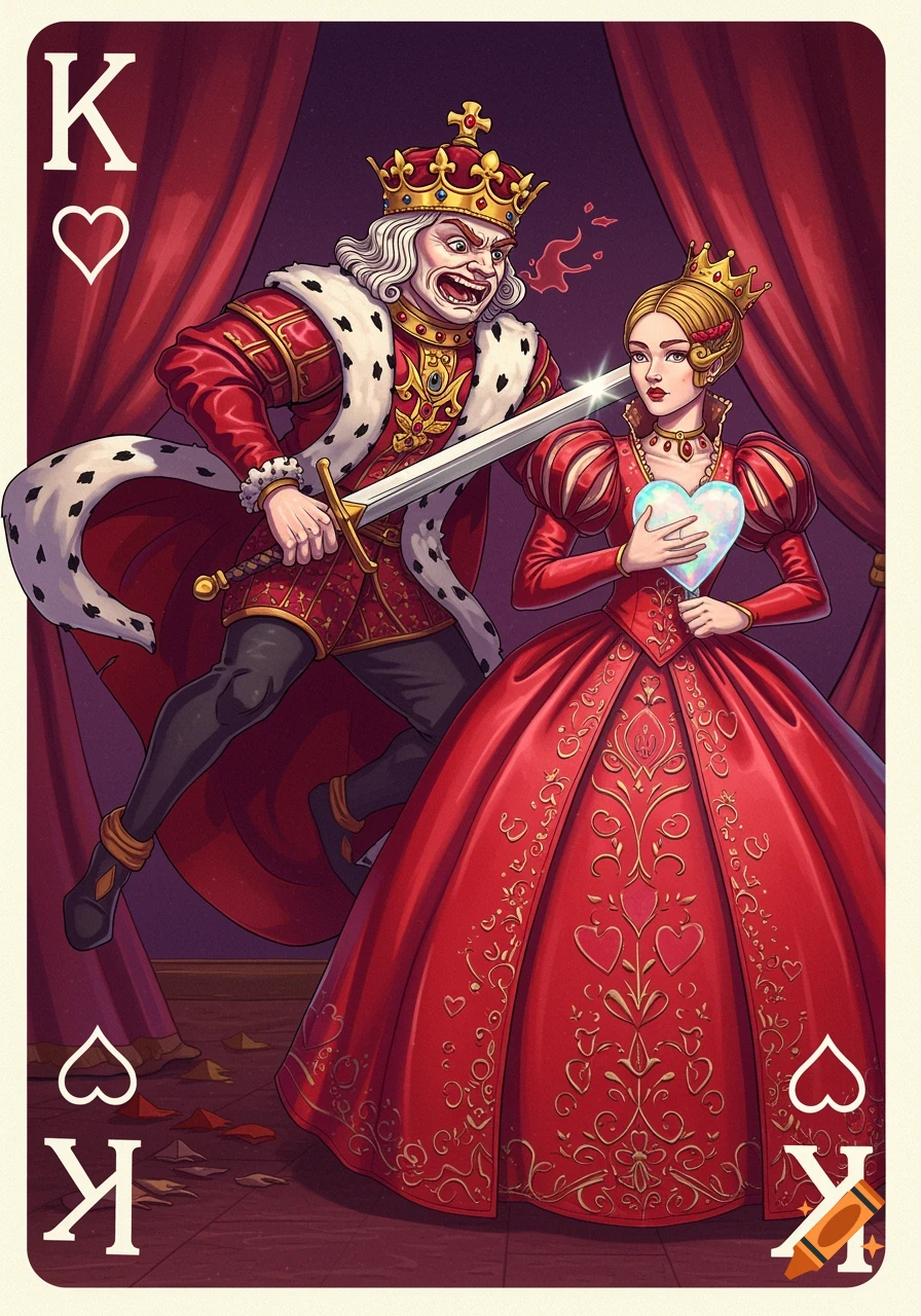 An illustrated playing card depicting the King of Hearts angrily attacking the Queen of Hearts with a sword, while she holds a glowing heart. The card features 'K' and heart symbols.