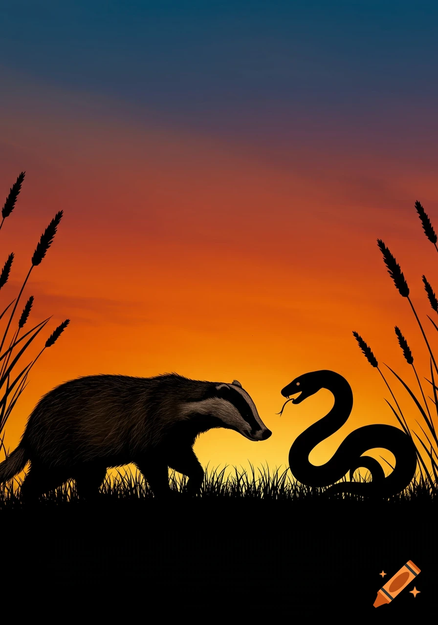 A badger and a snake face each other in silhouette against an orange and blue sunset, with tall grass in the foreground.