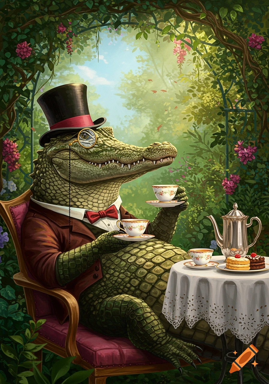 An anthropomorphic alligator in a top hat and suit jacket drinks tea at a table in a lush garden setting.