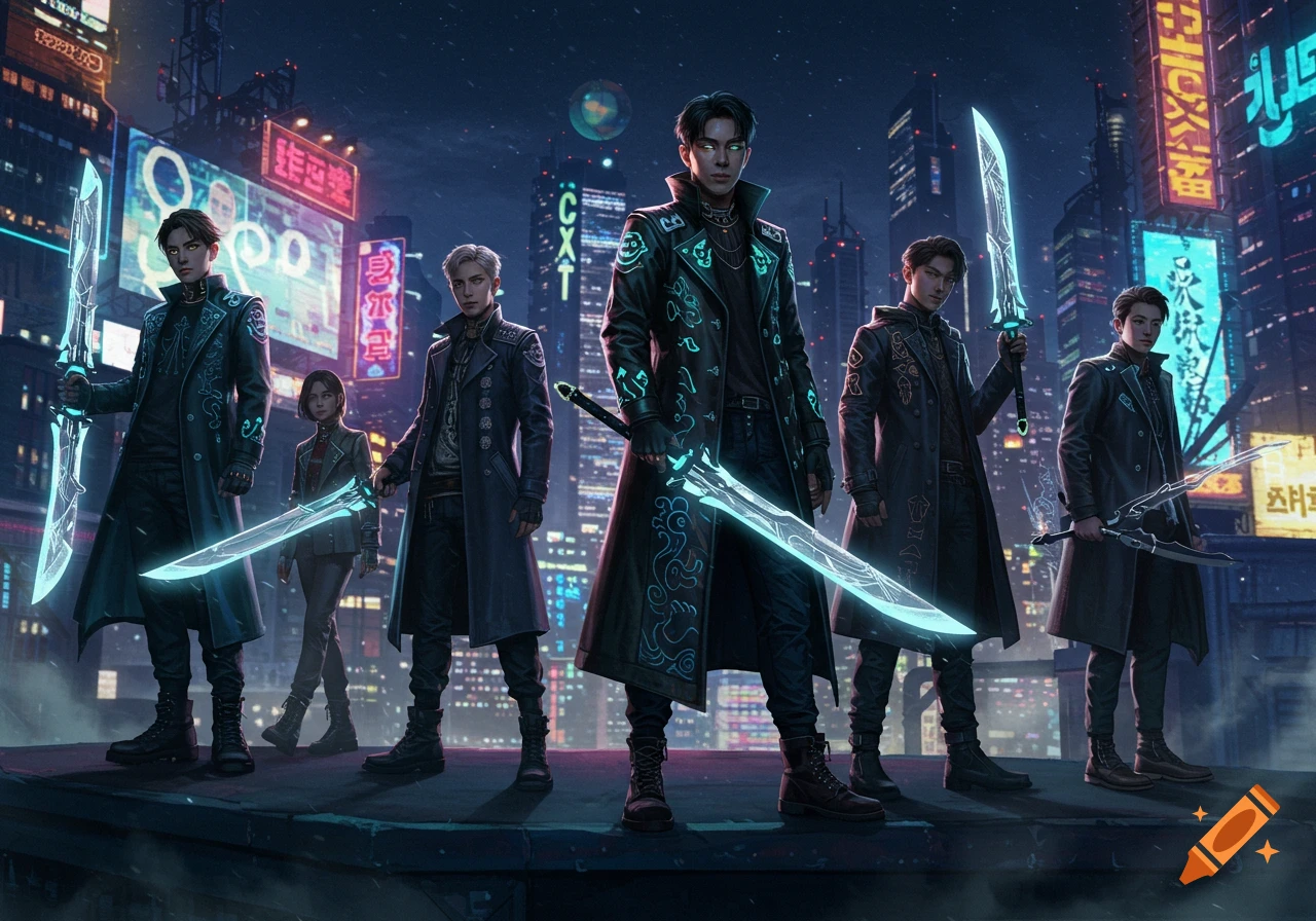 A group of young people, resembling K-pop idols, stand on a rooftop in a cyberpunk city at night, holding glowing futuristic swords.