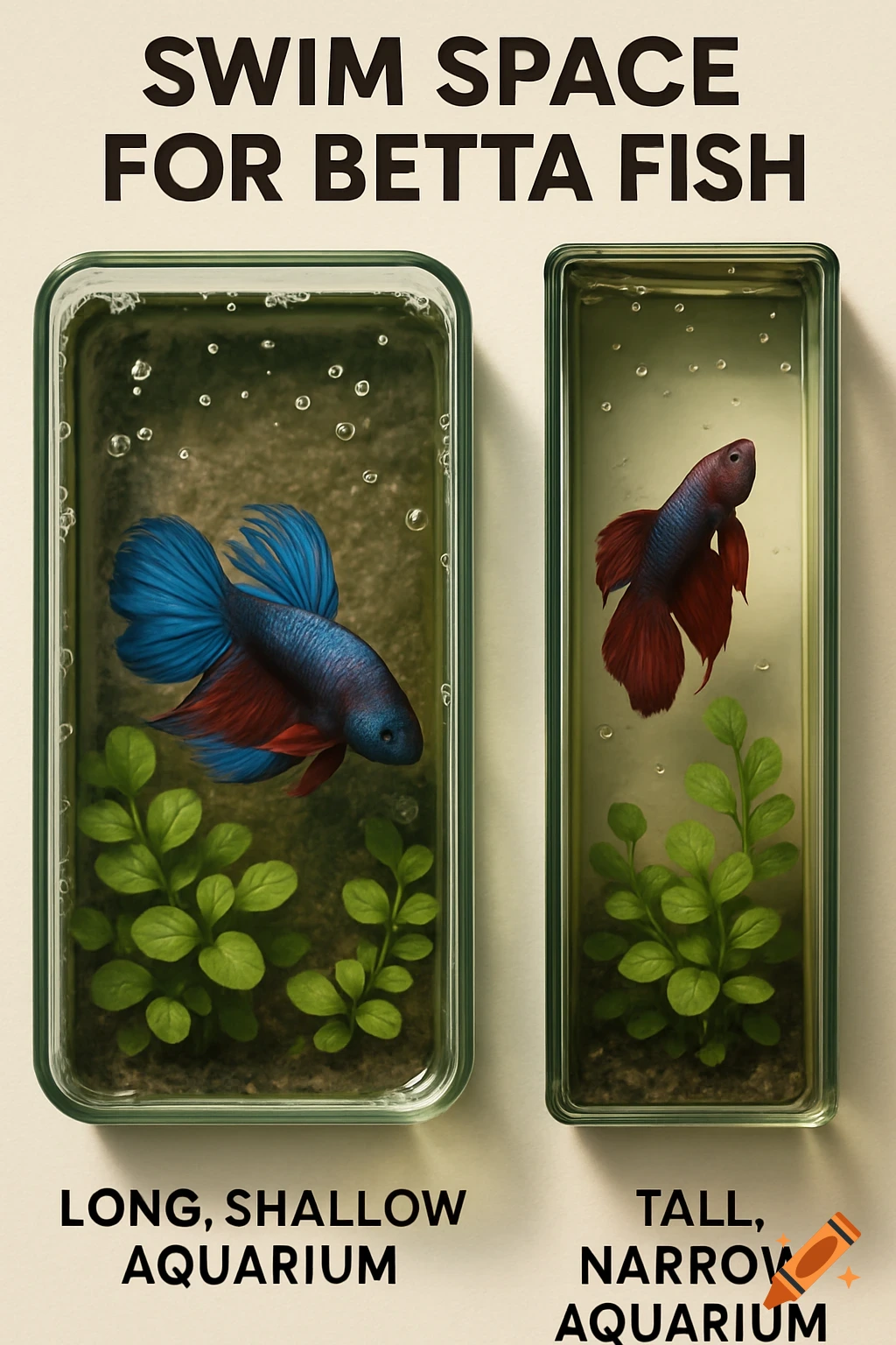 Two aquariums, one long and shallow with a blue betta, one tall and narrow with a red betta, illustrating swim space differences.
