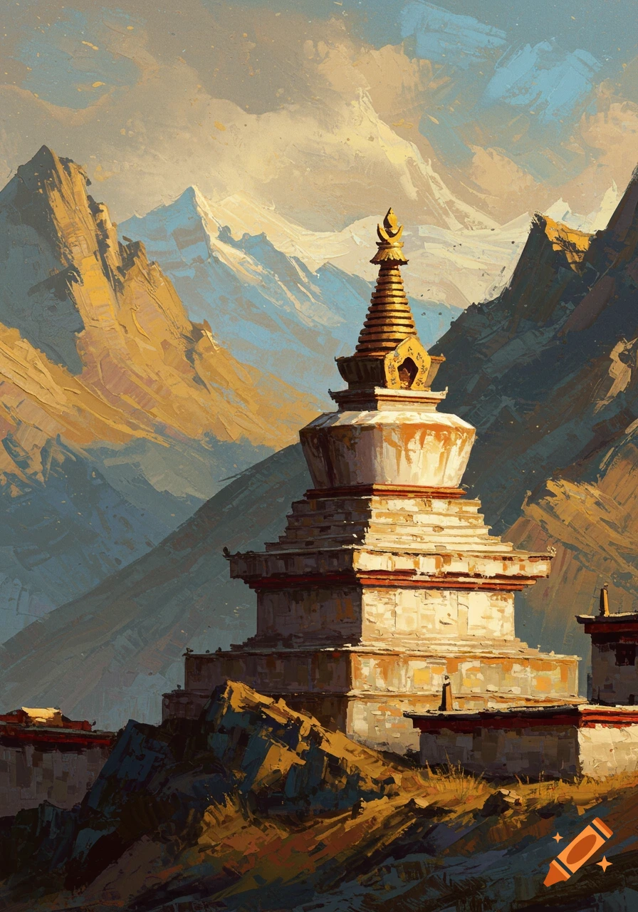 An abstract impressionist oil painting of a Buddhist chorten (stupa) in sunlit Tibetan mountains, with snowy peaks in the background.
