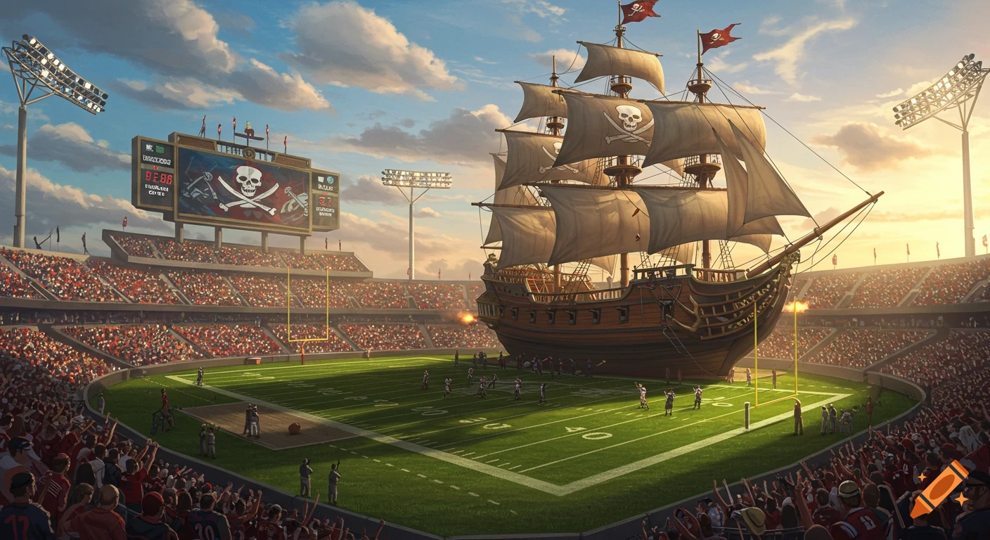 A massive pirate ship stands on an American football field inside a packed stadium under a sunset sky.