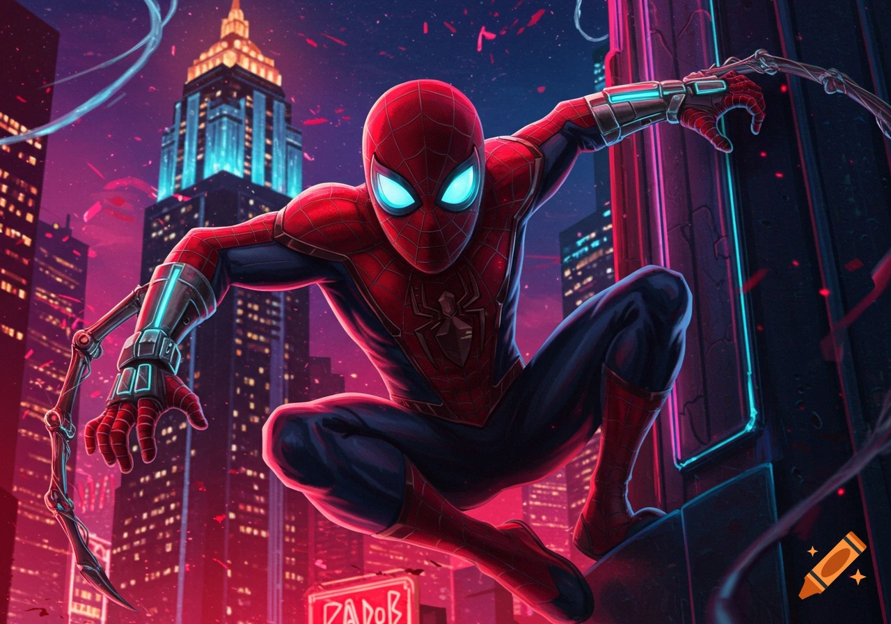 Spider-Man in a red and blue suit with glowing eyes and arm tech crouches against a neon-lit futuristic city skyline at night.
