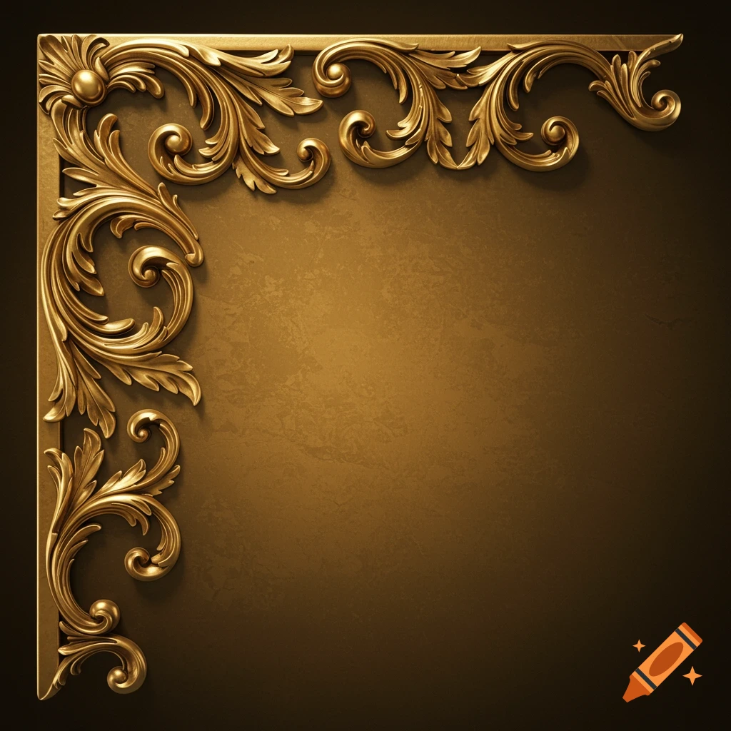 A close-up of a decorative gold baroque corner ornament against a dark brown textured background.