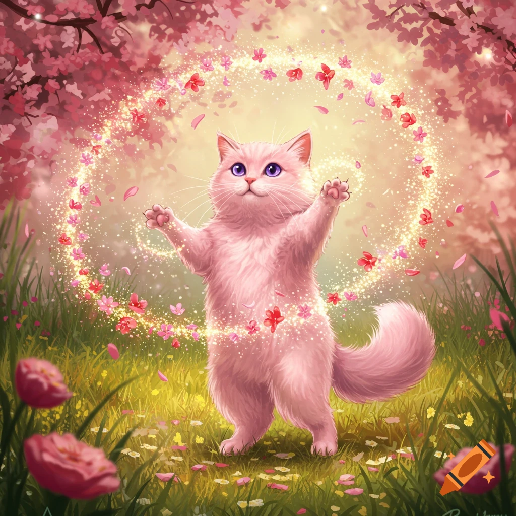 A whimsical pink cat stands in a grassy field with cherry blossoms, creating a sparkling circle of flower magic.