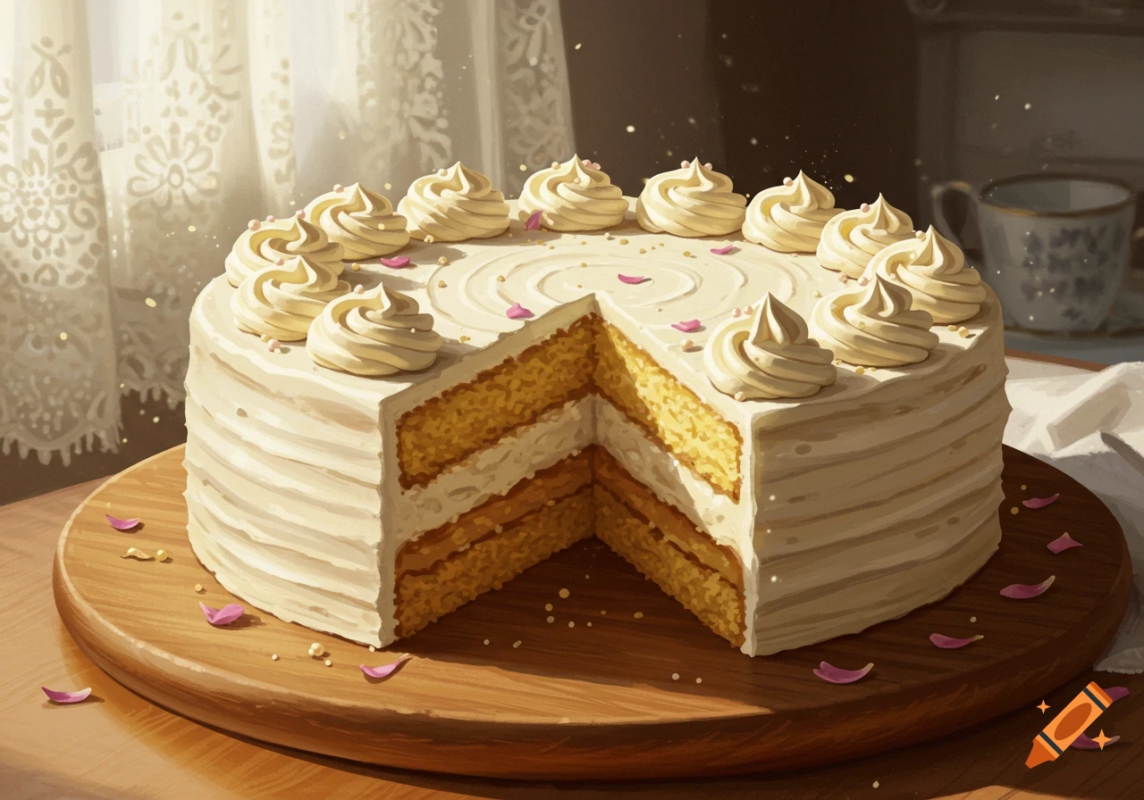 A digital painting of a vanilla cream cake with a slice removed, revealing yellow cake layers and white frosting, on a wooden board.