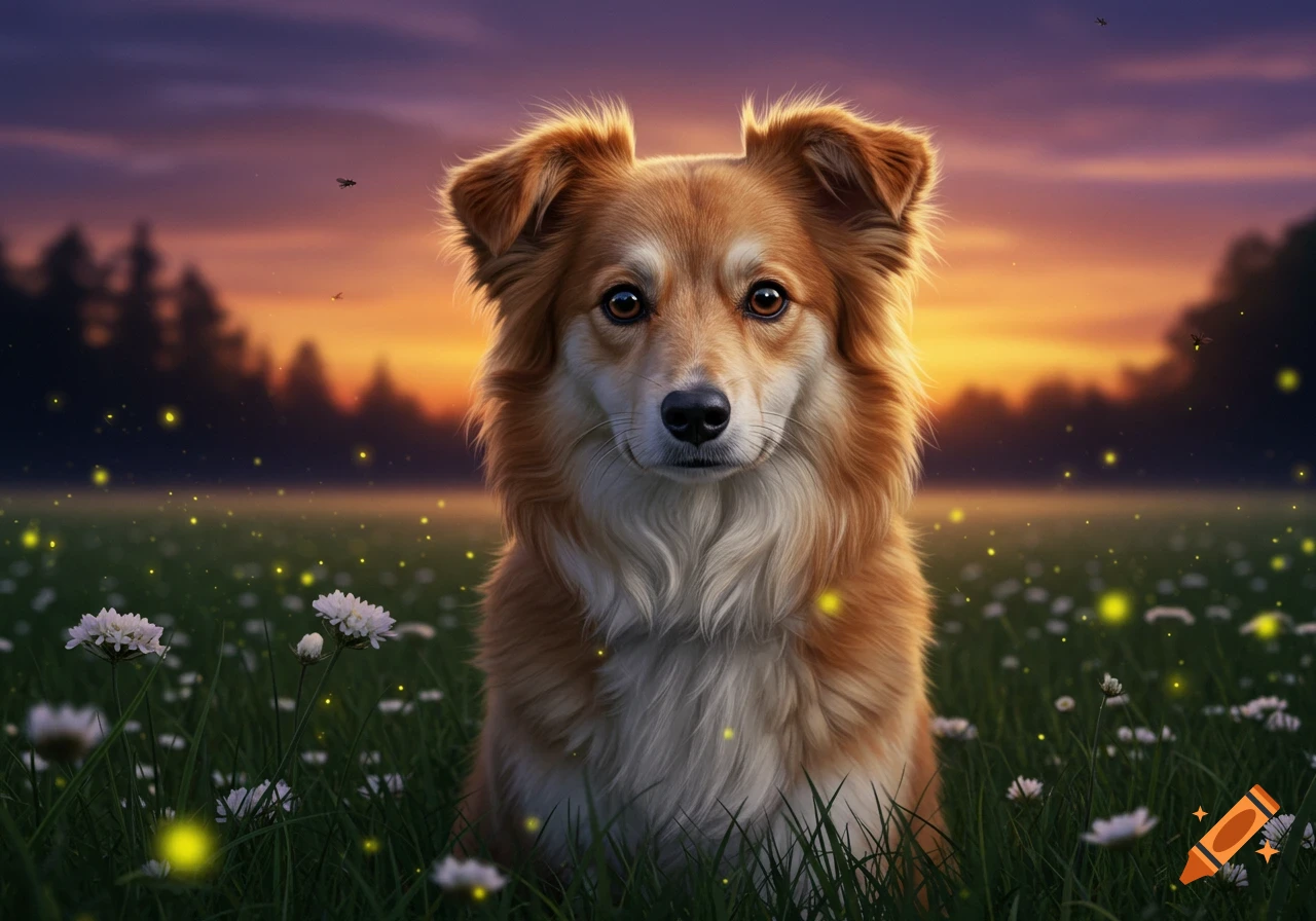 A fluffy brown and white dog sits in a field of white flowers and fireflies at sunset, looking at the camera.