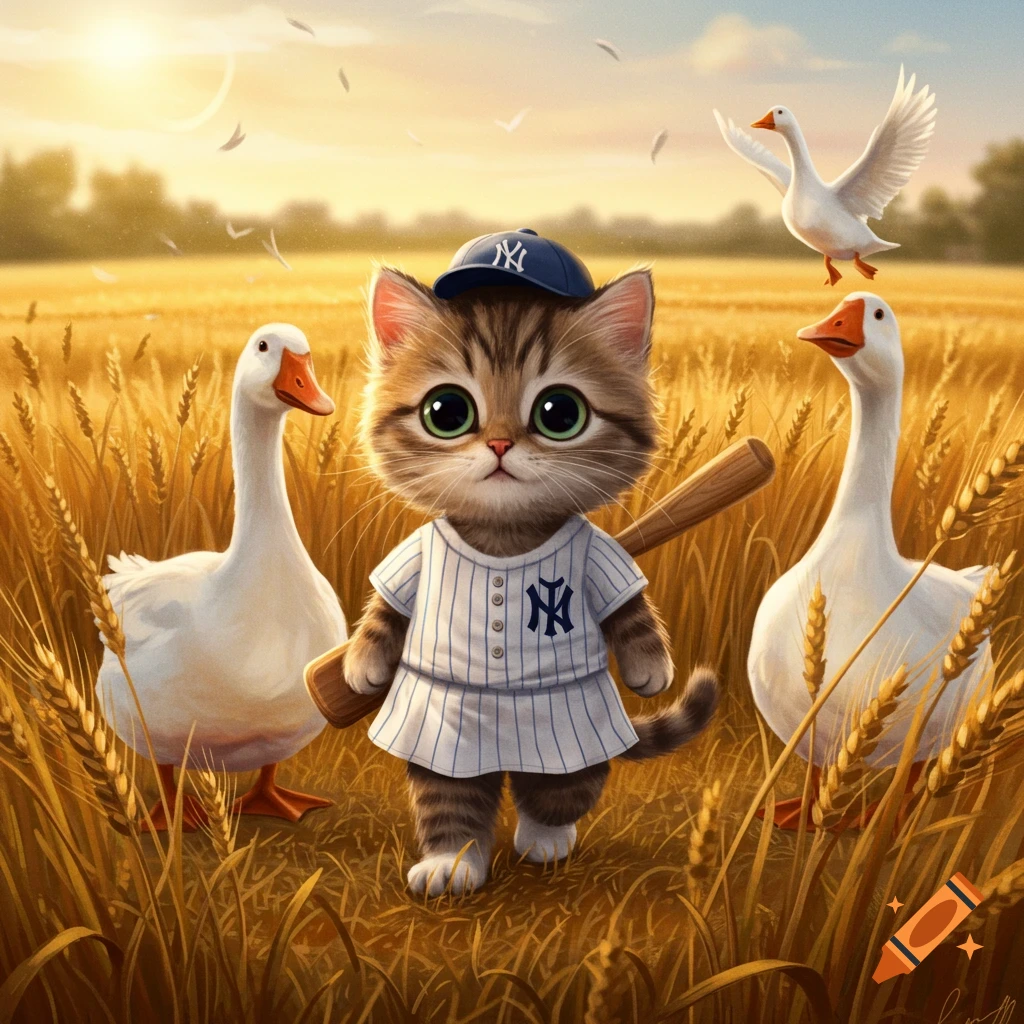 A cute kitten wearing a New York Yankees baseball uniform holds a bat in a golden wheat field, surrounded by geese.