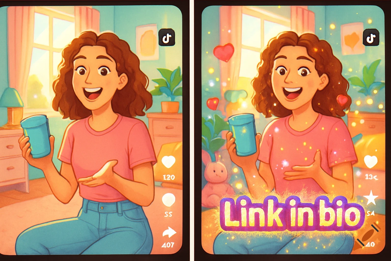 A smiling cartoon woman holds a cup in two social media posts, one with 'Link in bio' text and sparkles.