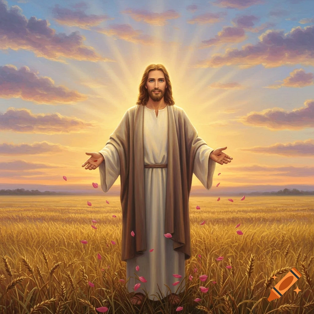 A serene portrait of Jesus Christ with outstretched arms, standing in a golden wheat field under a radiant sunset sky, with pink petals falling around him.