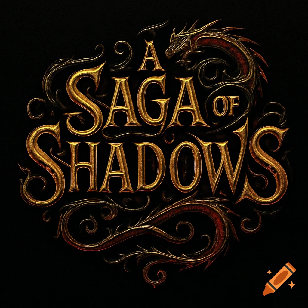 Ornate golden logo with a stylized dragon and the text 'A SAGA OF SHADOWS' on a black background.