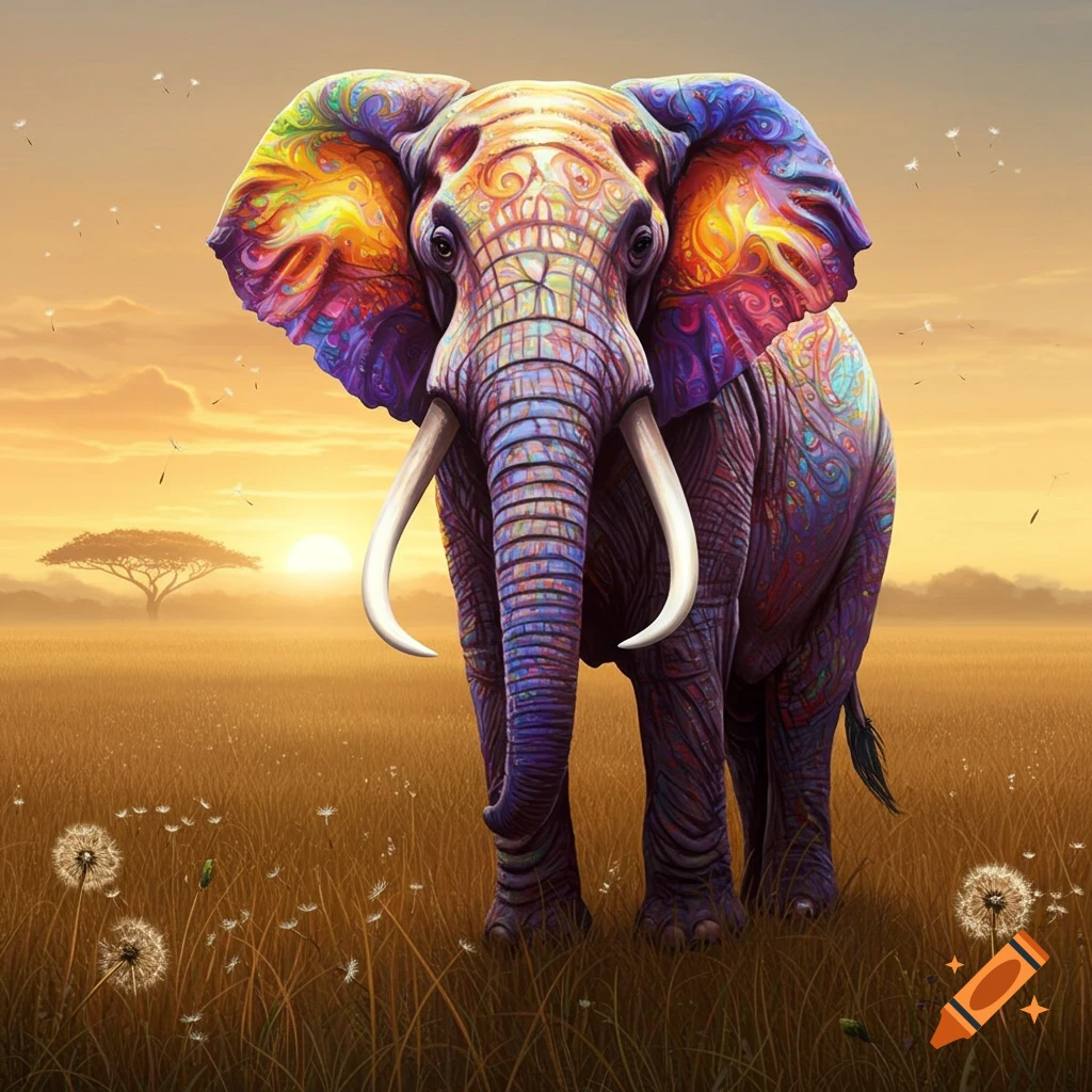 A vibrant, intricately patterned elephant with bright, swirling colors stands in a grassy savanna field at sunset.