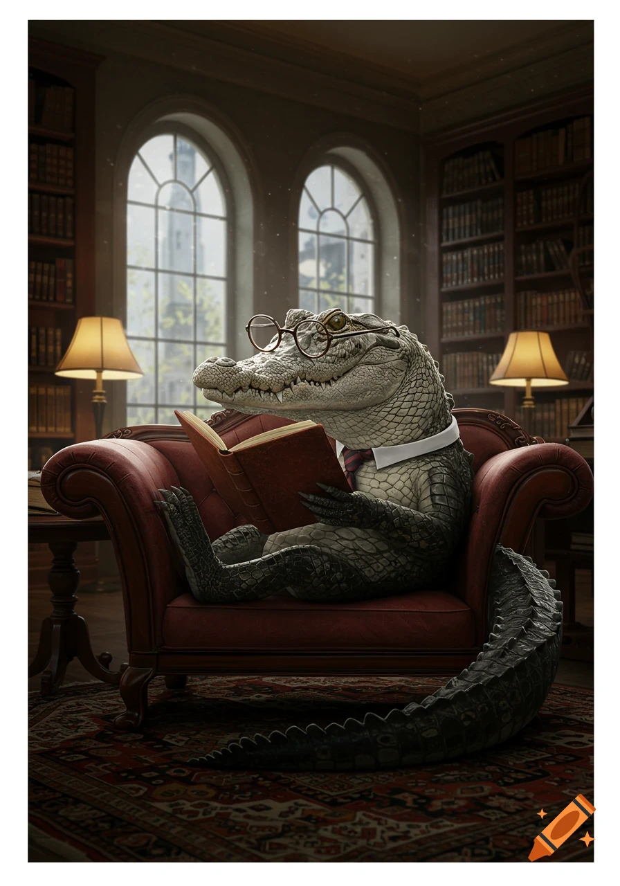 A photorealistic alligator in glasses, shirt, and tie reads a book in a red armchair in a library.