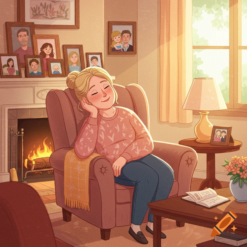 Cartoon illustration of a contented blonde woman relaxing in an armchair by a fireplace, surrounded by family photos in a sunny living room.