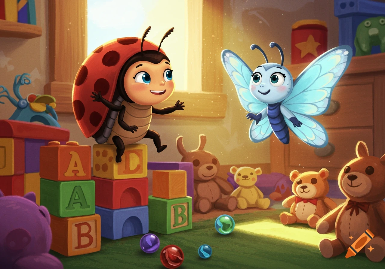 A cute cartoon ladybug jumps on letter blocks and a blue butterfly floats in a sunny room with toys.