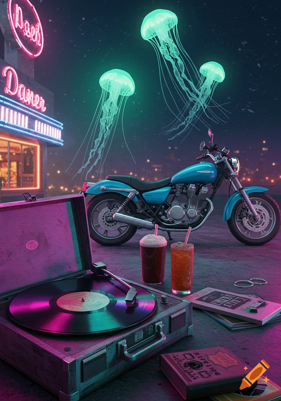 A vibrant synthwave scene with a blue motorcycle, a record player, and two drinks on the street in front of a neon-lit diner, with glowing jellyfish floating in the night sky.