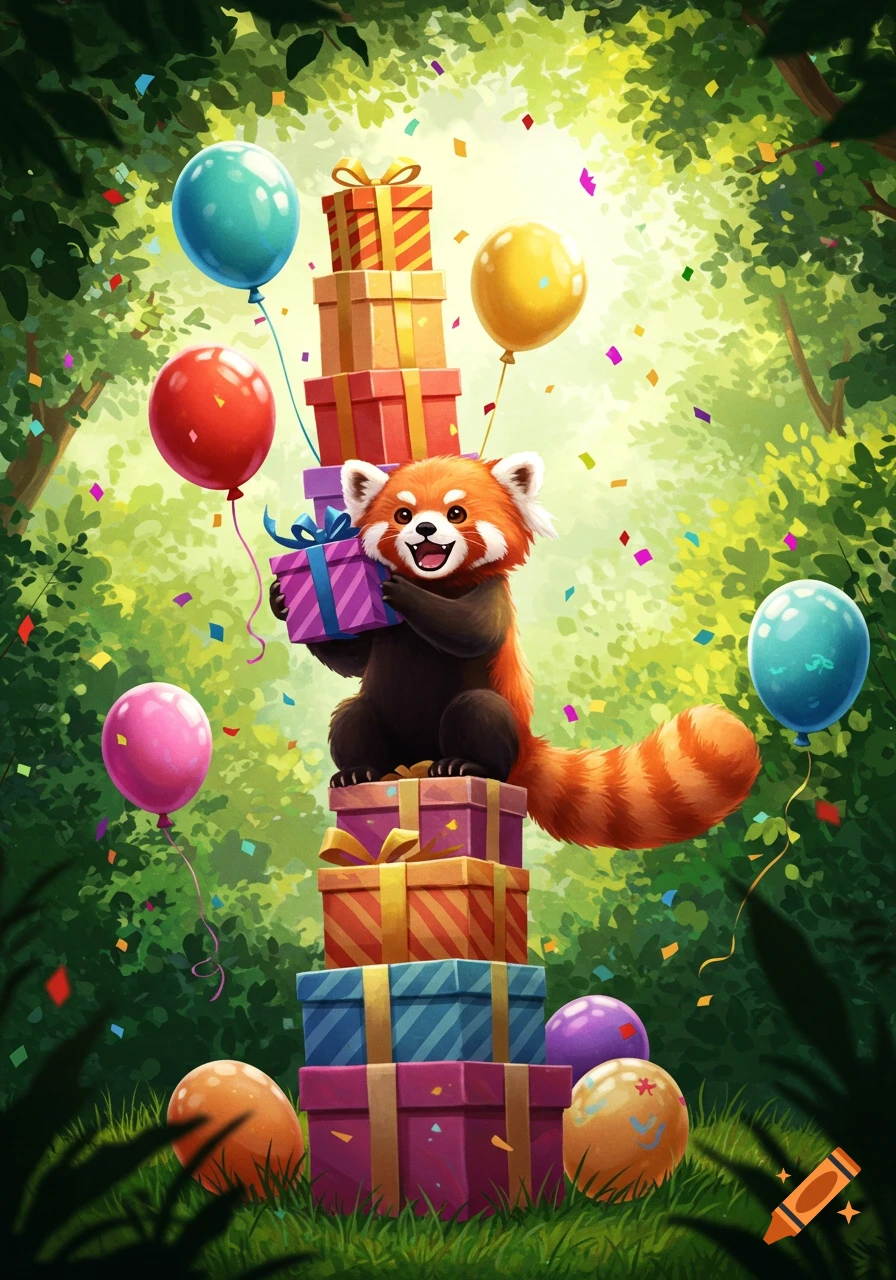 A happy, cartoon red panda sits on a stack of colorful presents, holding one, with balloons and confetti in a bright green forest.