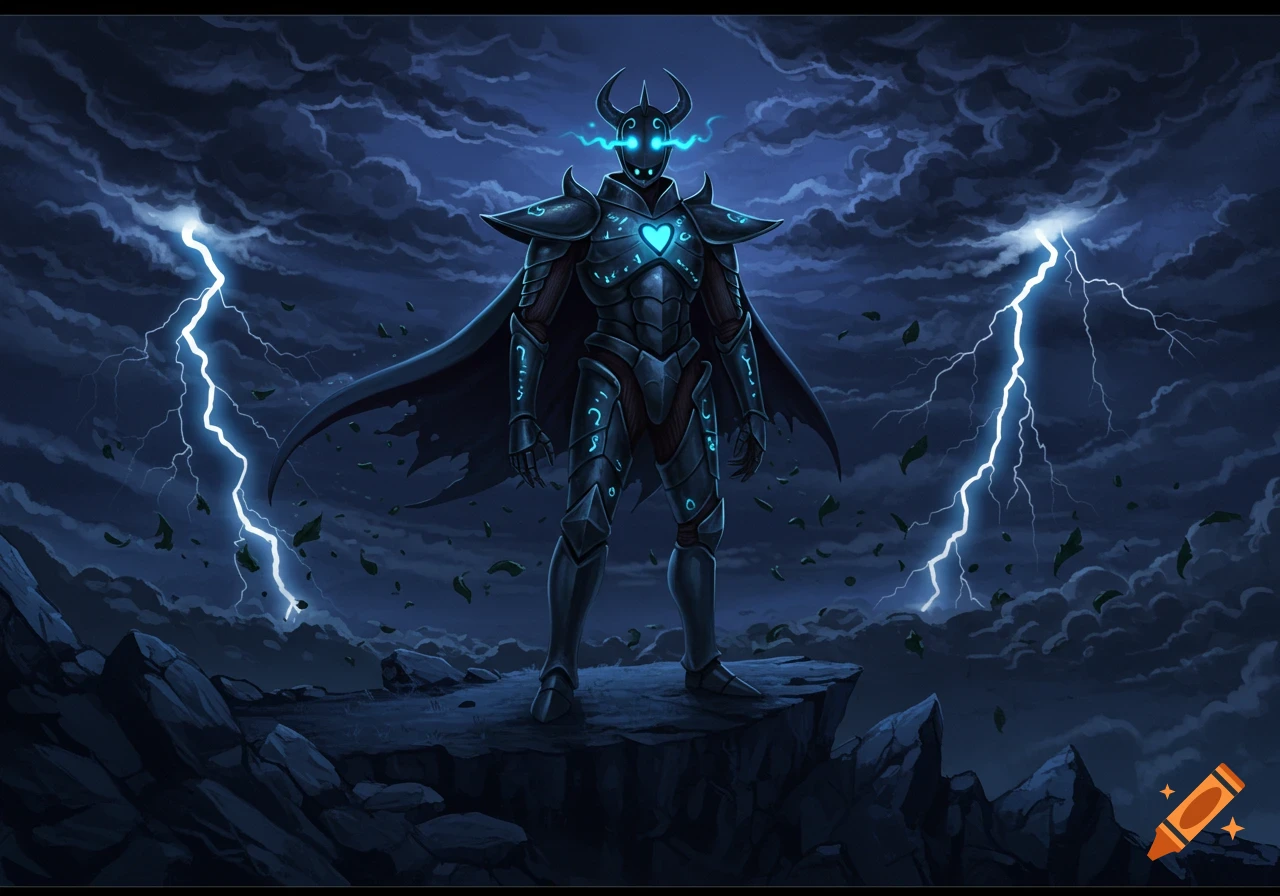 An armored, horned figure with glowing blue eyes and a glowing heart symbol stands on a rocky cliff under a stormy, dark blue sky with lightning strikes.
