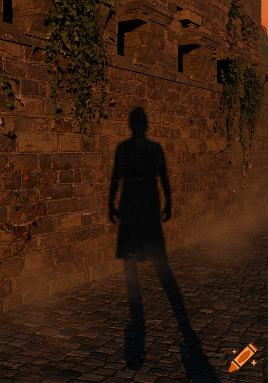 A long, dark shadow of a person stretched across an old brick wall and cobblestone ground during sunset.