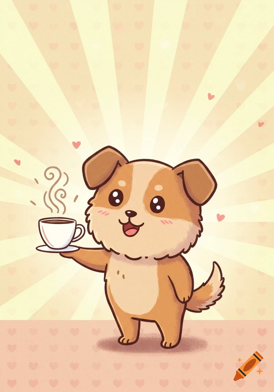 A cute cartoon dog holding a steaming cup of coffee, set against a striped background with small hearts.