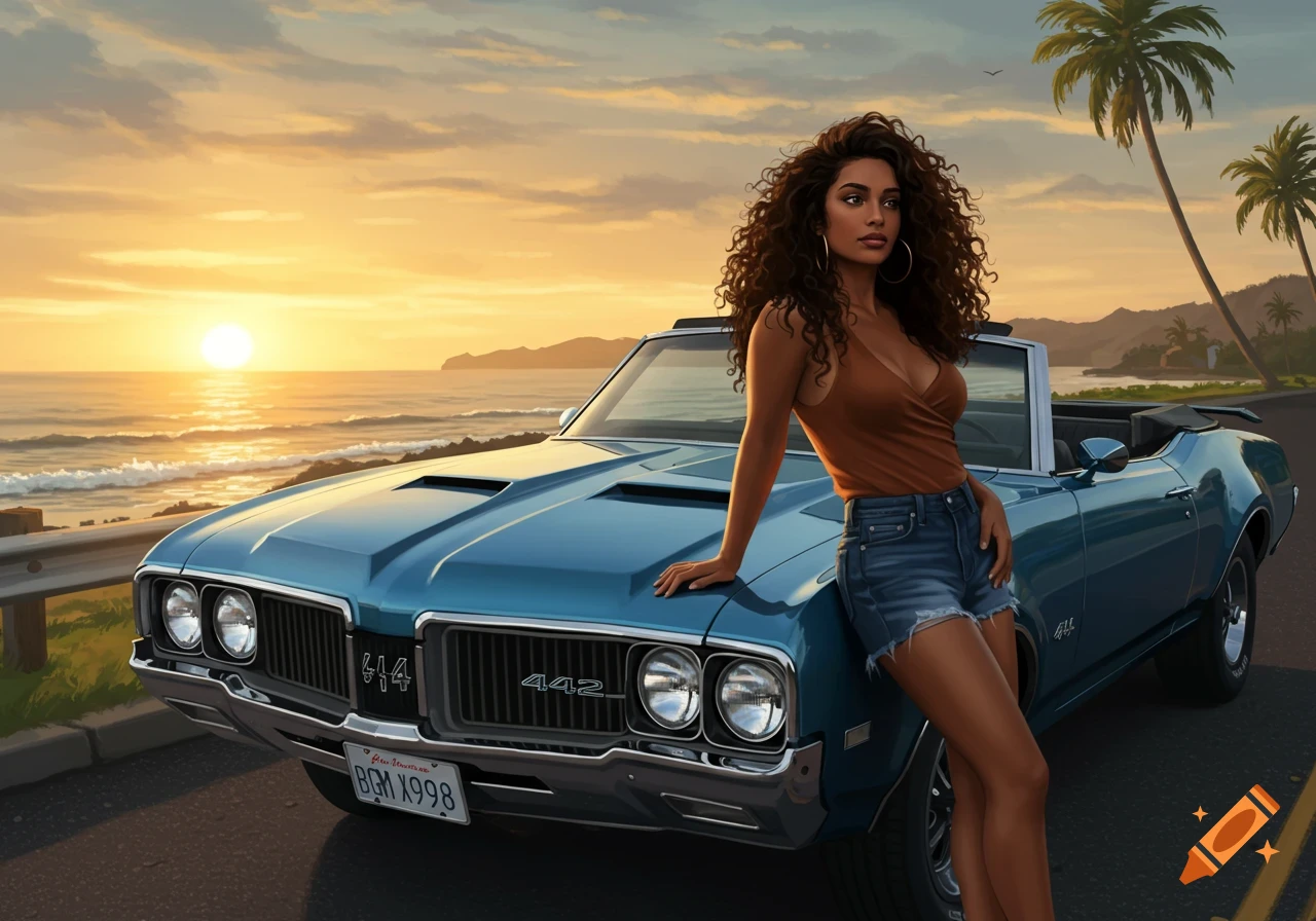 A woman with curly hair leans on a blue convertible by the ocean at sunset with palm trees.
