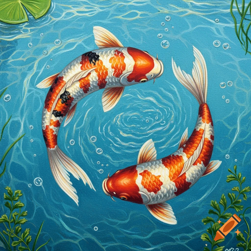 Two orange and white koi fish circle each other in blue water with lily pads and plants, in a colored pencil drawing style.