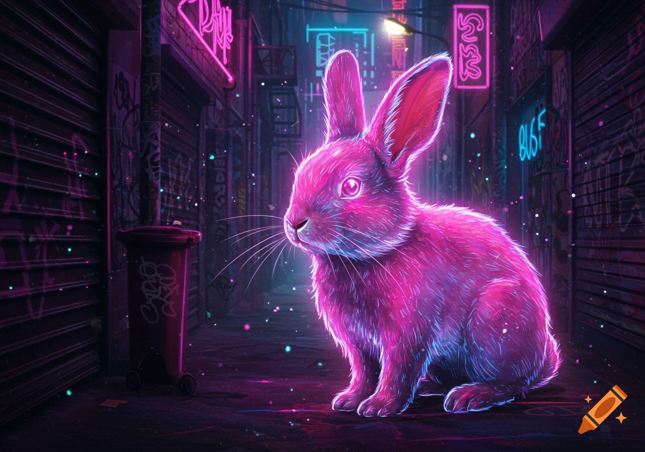 A glowing pink rabbit sits in a dark, neon-lit cyberpunk alleyway with graffiti-covered walls and signs.