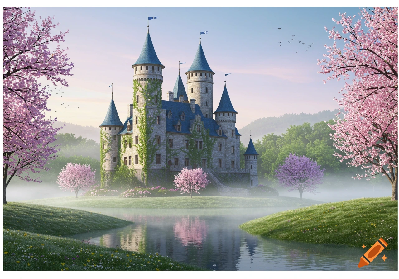 A fairytale castle with blue spires and ivy-covered walls, surrounded by pink cherry blossom trees, a misty lake, and green hills at sunrise.