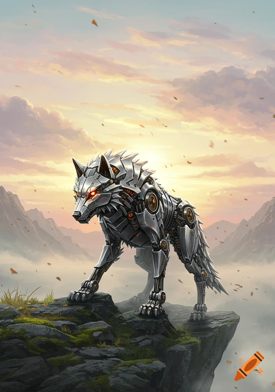 A detailed mechanical wolf with glowing red eyes stands on a rocky cliff overlooking misty mountains at sunset, with leaves falling.