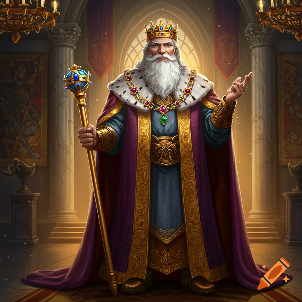 A regal king with a white beard, crown, and royal robes stands in a grand palace.